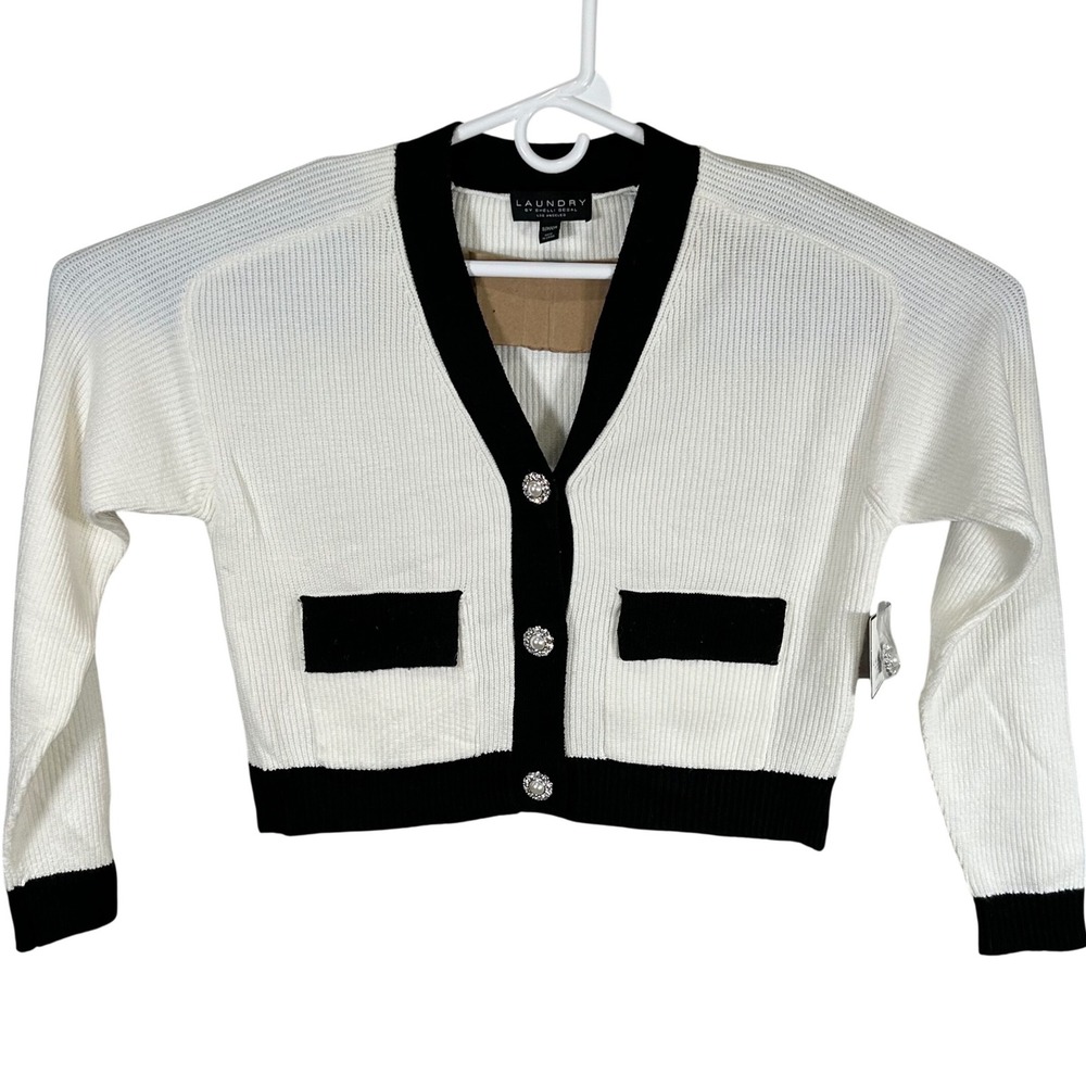Laundry Shelli Segal Women Ivory Black Rhinestone Button Cropped Cardigan Small